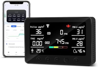 Therm La Mode CF-30 Slim luchtkwaliteitsmeter voor pollen, CO2, PM2,5, PM1,0, TVOC, temperatuur, luchtvochtigheid, CO2-meter, app voor gegevensgeschiedenis