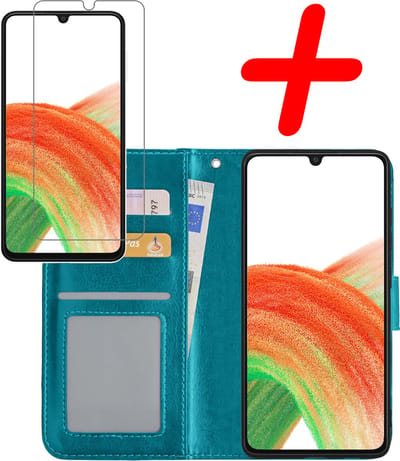 Hoesje Met Screenprotector - Geschikt voor Samsung Galaxy A33 - Luxe Pasjeshouder - Bookcase Portemonee - Flip Case - Kunstleer Book Case - Flipcase - Book Cover - Walletcase - Portemonneehoes - Turquoise