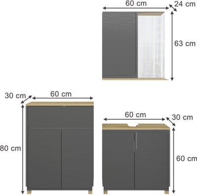 Vicco Badkamermeubelset Livia, Antraciet/Eiken, 3-delig