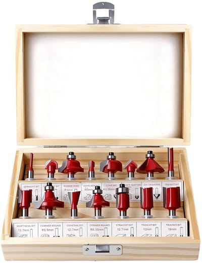 SnelShoppen - 15-Delige Houtfrezen Set voor 6.35 mm Schacht - V-Groef, Gezichtsfrezen, Chamfer, Dovetail - Carbide Staal met Rood Coating voor Houtbew