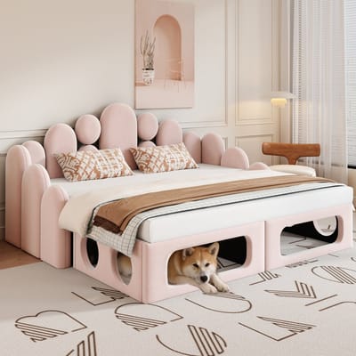 MODFU – Slaapbank – 2-in-1 met Huisdierenbed – 180x200 cm – Fluweel – Roze