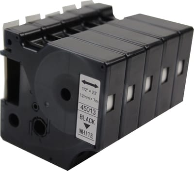 KATRIZ® huismerk label tape voor Dymo 45013 | LabelManager PNP/LabelPoint 150/Protable Labeler PL200/RhinoPRO 5200/6000 | Zwart op Wit | 12mm*7m | 5 stuks