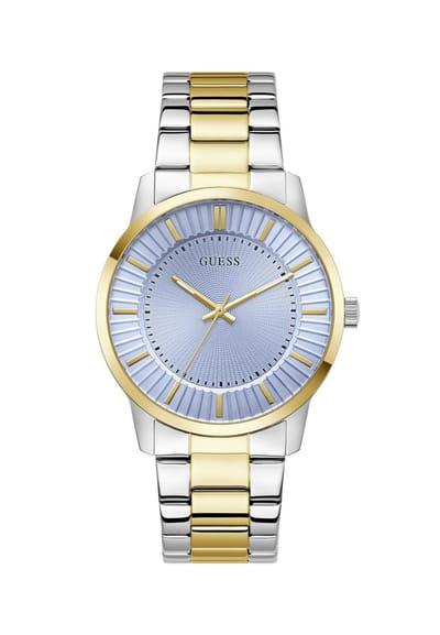 Guess Emmett Quartz Analoog Horloge Zilverkleurig En Goudkleurig Kast Gemaakt Van 100% Roestvrij Staal En Een Armband Van 100% Roestvrij Staal 42 GW1050G2, GW1050G4, GW1050G6