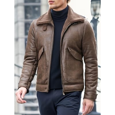 Veste décontractée en similicuir pour homme - Fermeture éclair, manches longues avec col à revers, parfaite pour l'automne et l'hiver 60