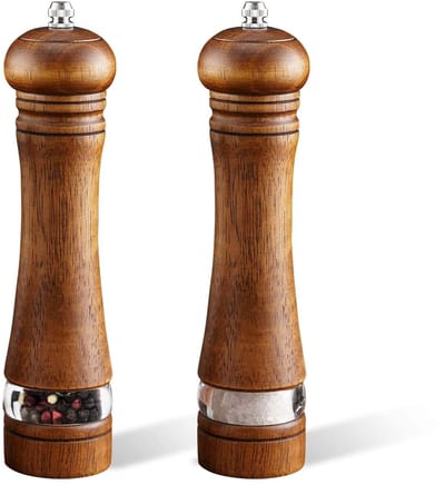 2-Piece Salt and Pepper Grinder Set, 8 Inch Wooden Salt and Pepper Mills with Adjustable Coarseness, Refillable Manual Pepper Mill Grinder for Home Cooks (Brown)