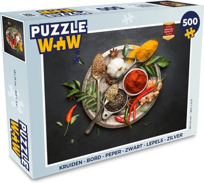 Puzzel Kruiden - Bord - Peper - Zwart - Lepels - Zilver - Legpuzzel - Puzzel 500 stukjes