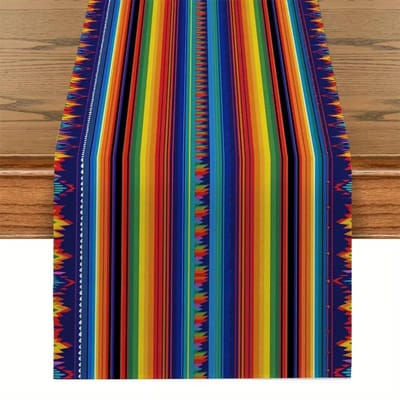 Mexicaanse Kleurrijke Geometrische Strepen Linnen Tafelkleed Huisdecoratie Herbruikbaar Keuken Eettafelkleed Mexico Fiesta Feest Decoratie 150x33cm