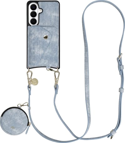 AVY Hoesje geschikt voor Samsung Galaxy S26 | Met Koord, Wallet en Pouch | Compatibel met MagSafe | Kunstleren Case met 130CM Koord | Long Denim | Denim