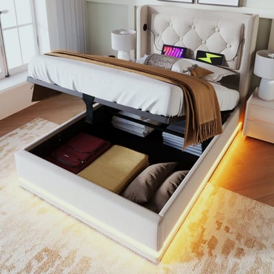 DESMIU Gestoffeerd Bed 90x200 cm – USB- en Type-C-Laadfunctie – Hydraulische Opbergruimte met Driezijdige Ledverlichting – Zonder Matras – Beige