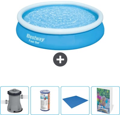 Bestway Rond Opblaasbaar Fast Set Zwembad - 366 x 76 cm - Blauw - Inclusief Pomp - Filter - Grondzeil - Zwembadgids