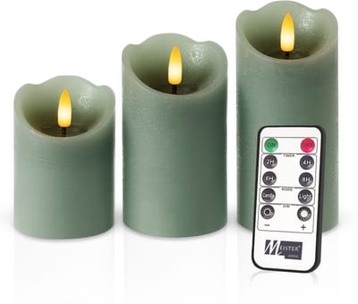 Meisterhome – 3 x Led Stompkaars Rustiek - Groen – Stompkaars Echte wax – Led kaarsen - 10 / 12.5 / 15 cm Hoog - Met afstandsbediening – Timer 2/4/6/8 uur - Dimbaar