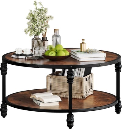 Ronde Salontafel - Salontafel met Opbergplank - Bijzettafel Bruin - Tafel - Sidetable voor Woonkamer, Thuiskantoor - 72x72x48cm