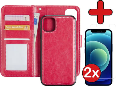 Hoesje - 2 in 1 - Geschikt voor Apple iPhone 12 - Met 2x Screenprotector - En Uitneembare Hard Cover - Kunstleer - Bookcase - Wallet Case - Met Pasjeshouder - Book Case - Uitneembaar - Pashouder - Kunstleer - Telefoonhoes - Donkerroze