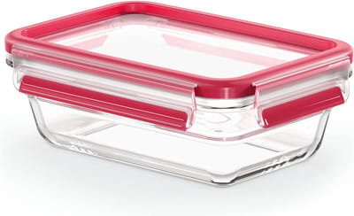 Famanu - Glazen vershouddoos, 0,7 l, stapelbaar, oven-, magnetron- en vriesbestendig, vaatwasmachinebestendig, transparant/rood