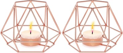 Set van 2 metalen theelichthouders, decoratieve ijzeren kandelaars voor woonkamer, bruiloften en feesten in roségoud