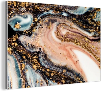 Wanddecoratie Metaal - Aluminium Schilderij Industrieel - Marmerlook - Goud - Zwart - Glitter - Chic - 180x120 cm - Dibond - Foto op aluminium - Industriële muurdecoratie - Voor de woonkamer/slaapkamer