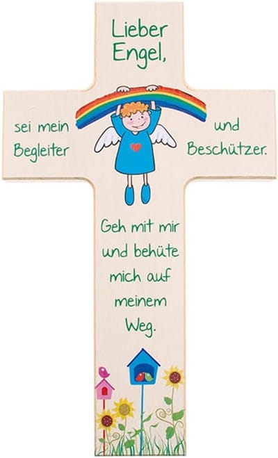 Houten Wandkruis voor Kinderen met Engel en Regenboog – Christelijk Geschenk voor Doper, Vormsel of Communie