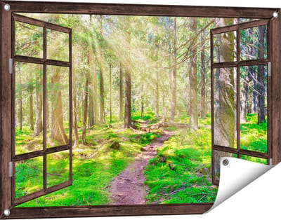 Gards Tuinposter Doorkijk Pad in Bos met Zon tussen de Bomen - 90x60 cm - Tuindoek - Tuindecoratie - Wanddecoratie buiten - Tuinschilderij
