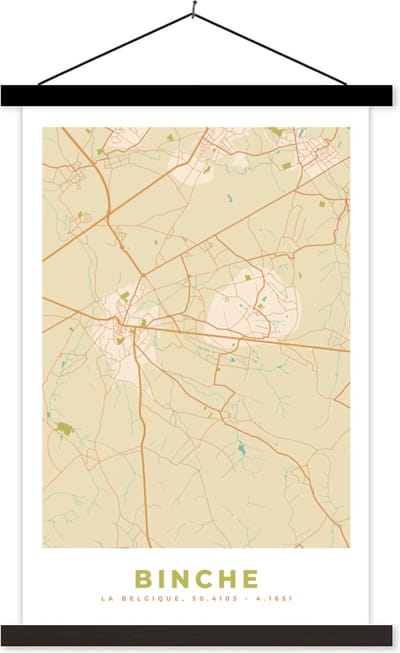 Posterhanger incl. Poster 40x60 cm - Schoolplaat - Plattegrond - Stadskaart - Retro - Binche - Kaart - Textielposter - Zwarte latten - Stadskaart