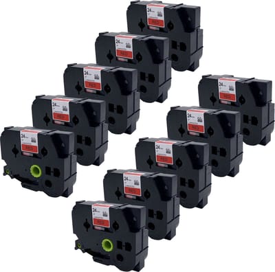 DULA Brother Compatible label tape- Tze-451 - 10 cassettes - Brother P-Touch - Zwart op rood - 24mm x 8m