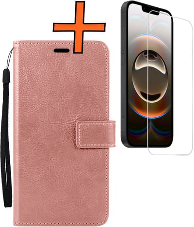 Hoes - Met Screenprotector - Geschikt voor Apple iPhone 16e - Luxe Pasjeshouder - Bookcase Portemonee - Flip Case - Kunstleer Book Case - Flipcase - Book Cover - Walletcase - PortemonneeHoes - Rosé goud