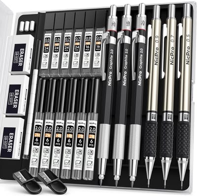 PromoHome 6-delig mechanische potloden set met etui - 4 lijnbreedtes (0,5 mm, 0,7 mm, 0,9 mm, 2,0 mm) - Inclusief gummen, slijpers en vulstiften - Professionele tekenset voor kunstenaars, studenten en ingenieurs