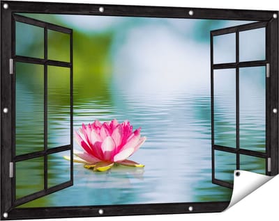 Gards Tuinposter Doorkijk Roze Lotusbloem op het Water - 120x80 cm - Tuindoek - Tuindecoratie - Wanddecoratie buiten - Tuinschilderij