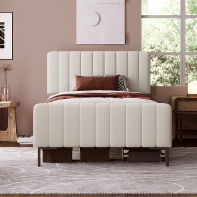 Eenpersoonsbed 90 x 200 cm - met bedframe en verstelbare hoofdbord - gestoffeerd bed - linnen materiaal - beige - zonder matras