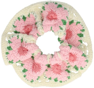 Haarsoires Haarelastiek Scrunchie – Gehaakte Stof – Bloemen Motief – Roze Wit - Haarkrinkel - Haar Elastiek met Stof - Zacht & Haarvriendelijk