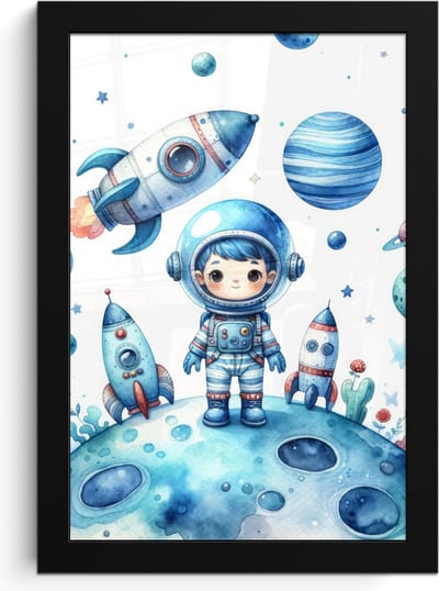 Poster in lijst - Fotolijst 20x30 cm - Posters - Ruimte - Blauw - Astronaut - Raket - Planeten - Posterlijst zwart - Kamer decoratie - Wanddecoratie kinderkamer - Muurdecoratie babykamer
