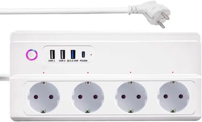 Slimme stekkerdoos met USB C,16 A, wifi, meervoudig stopcontact, overspanningsbeveiliging, Geschikt voor Alexa Google Assistant, wifi power strip met 4 AC-uitgangen en 3 USB-poorten, 1 type