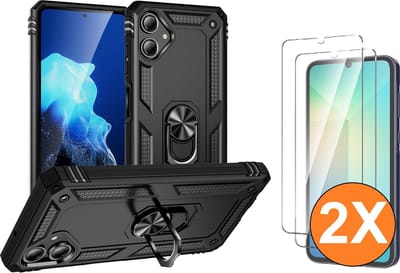 Hoesje Geschikt voor Samsung Galaxy A06 Hoesje Zwart Anti-Shock Hybrid Armor hoesje Met Draaibare Ring Houder - Samsung A06 Screenprotector 2 pack