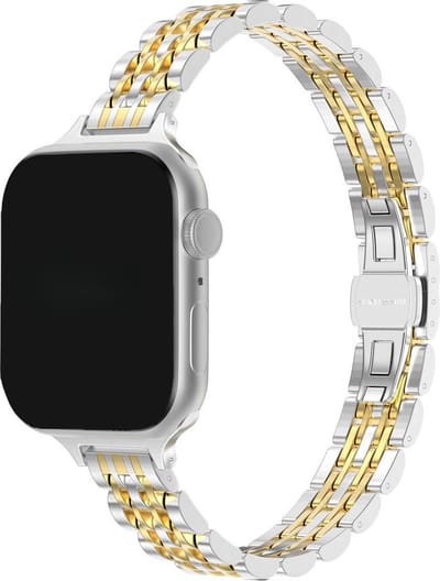 Stravo Slim RVS Schakelband – 7-Link Design – Luxe Dunne Horlogeband & Bandje – Geschikt voor Apple Watch 42mm (Series 11/10), 41mm (Series 9/8/7), 40mm (Series 6/5/4, SE 1/2/3), 38mm (Series 3/2/1) – Zilver/Goud