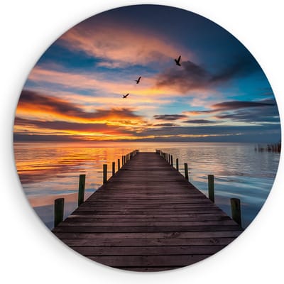 Saammp Muurcirkel Hout - Steiger bij zonsondergang - landschap - Natuur - Ø 90 - Wandcirkel - Wanddecoratie Cirkel - Muurdecoratie Woonkamer - Slaapkamer decoratie - Rond Schilderij