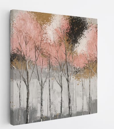 Saammp Canvas Schilderij - Bomen - Roze -Goud - Zwart - Bloemen - Landschap - Natuur - 20x20 - Foto op canvas - Wanddecoratie - Muurdecoratie Woonkamer - Slaapkamer decoratie - Canvas Print