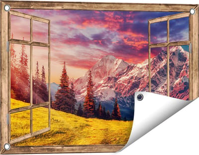 Gards Tuinposter Doorkijk Alpen Landschap met een Kleurrijke Hemel - 60x40 cm - Tuindoek - Tuindecoratie - Wanddecoratie buiten - Tuinschilderij