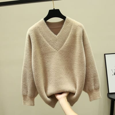 Herfst en Winter V-hals Nertsfluwelen Trui Dames Set Hoofd Koreaanse Versie van Losse Bovenkleding Verdikte Gebreide Top Onderhemd XXXL kaki