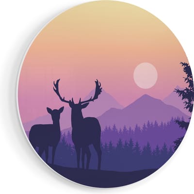Artaza Forex Muurcirkel Twee Herten - Zonsondergang - Silhouet - 50x50 cm - Klein - Wandcirkel - Rond Schilderij - Muurdecoratie Cirkel