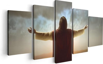 Artaza Canvas Schilderij Vijfluik Jezus Christus aan het Bidden bij Zonsopgang - 100x50 cm - Wanddecoratie Woonkamer - Schilderijen - Muurdecoratie
