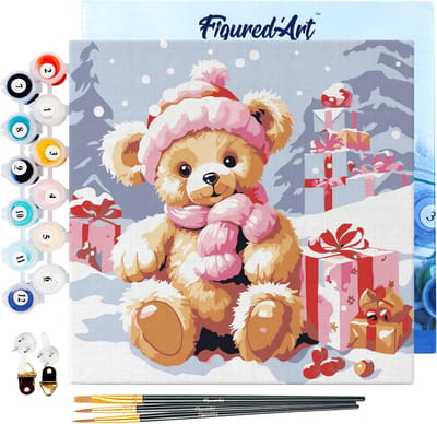 Figured'Art Mini Schilderen op Nummer Volwassenen 20x20cm met lijst Teddybeer en de Cadeaus - Klein Formaat Creatieve Hobby Kit DIY Art Nummer Compleet