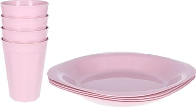 Plasticforte Verjaardag/kinder/camping borden/beker set - 8x stuks - lichtroze - kunststof - onbreekbaar
