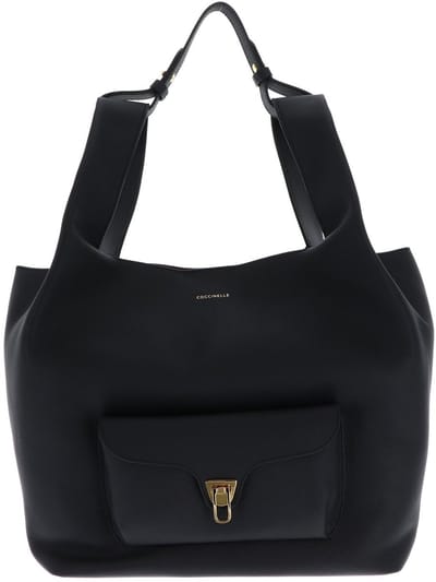 COCCINELLE Leren schoudertas Beat Shopping Double Grainy Leather Handbag Noir / Cognac zwart
