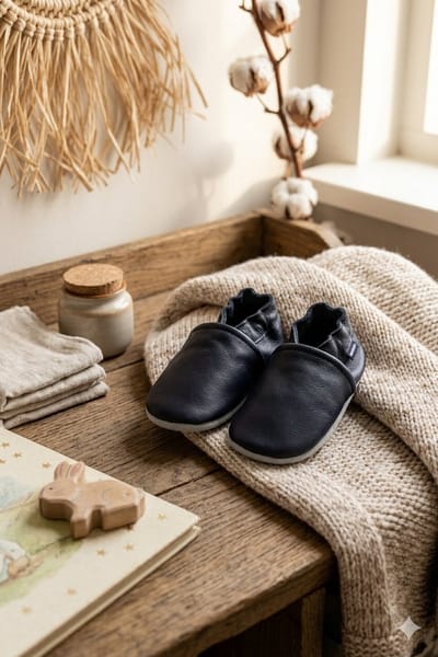 Stabifoot Babyslofjes – Zacht Leer – Cadeaudoos - Linnen zakje - Barefoot - NAVY 6 - 12