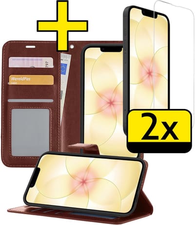 Hoesje - Met 2x Screenprotector - Geschikt voor Apple iPhone 17e - Luxe Pasjeshouder - Bookcase Portemonee - Flip Case - Kunstleer Book Case - Flipcase Hoes - Book Cover - Walletcase - Portemonneehoes - Telefoonhoesjes - Bruin