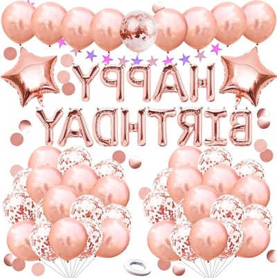 Allecta - Roségoud Verjaardagsdecoratie met Happy Birthday-slinger en Feestballonnen - Blauw Folieballonnen Banner voor Meisjes Verjaardagsfeest - Feisafbeeldingen