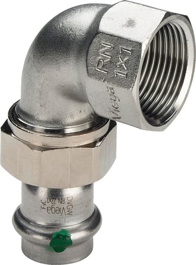 Viega Sanpress Inox-overgangskoppeling 90 graden, d 35mm, Rp 11/4 messing vernikkeld, roestvrij staal model 2355, 437350