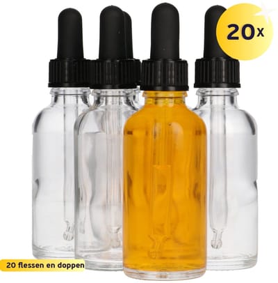 20x Druppelflesje met Druppelaar 50 ml - Transparant - Pipetflesje, Lege Druppelfles Pipet, Glazen Druppel Fles, Drops - Vulbaar - Glas - 20 Stuks