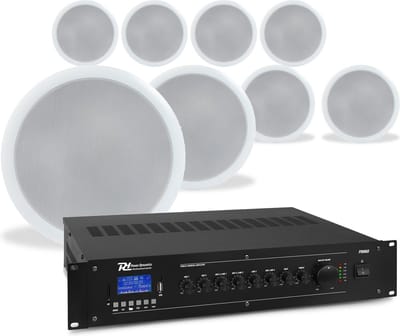Power Dynamics Plafondspeaker set met 8 witte inbouwspeakers - 100V - Inclusief Bluetooth - 5 inch