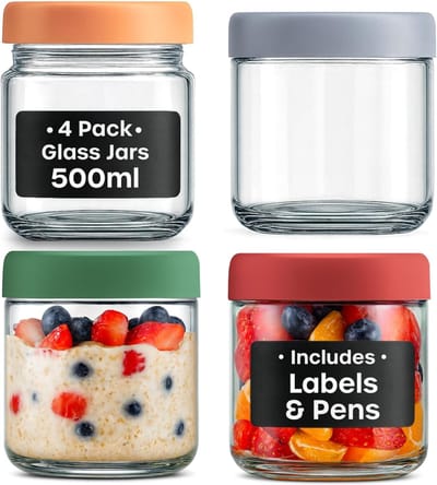 SNJY® Overnight Oats Potjes - Glazen Potjes met Deksel - Mason Jar - Weckpot - 4x500ml - Doorzichtig