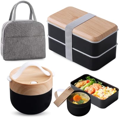 Dailygoods - 1400 ml Bento Box Japans: Bento Box voor volwassenen met soepkom en geïsoleerde tas, broodtrommel met vakken, stapelbaar, lunchbox voor volwassenen en kinderen, voor werk en school, lekvrij